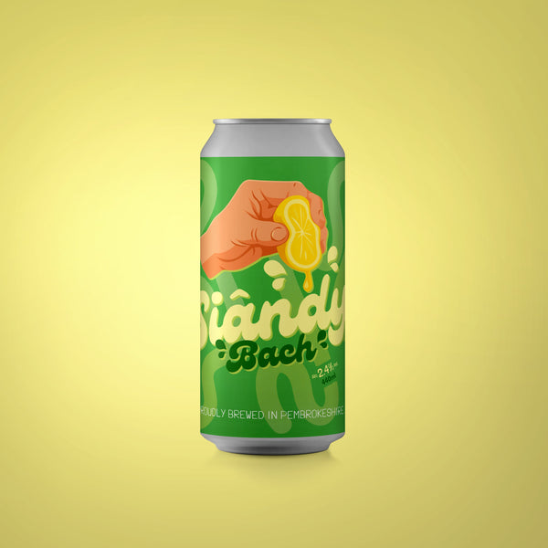 Green can with a hand holding a lemon on a yellow background