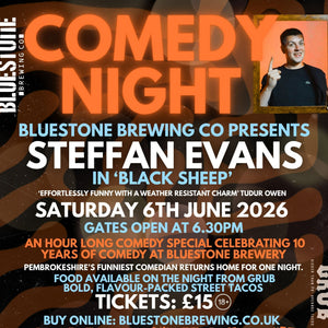 Promotional poster for a comedy night featuring Steffan Evans at Bluestone Brewing Co.