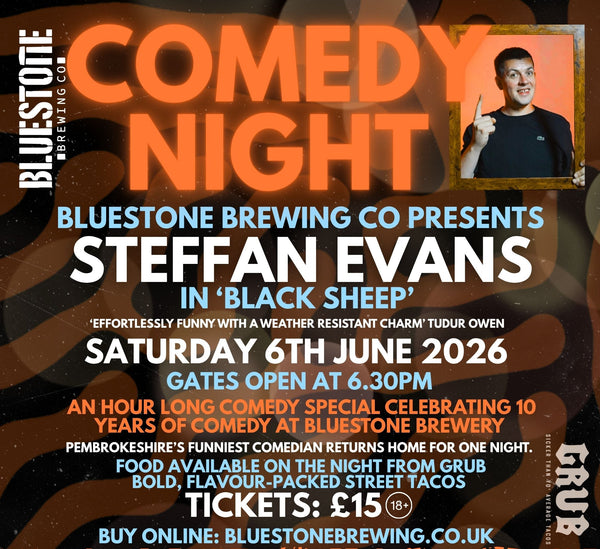 Promotional poster for a comedy night featuring Steffan Evans at Bluestone Brewing Co.